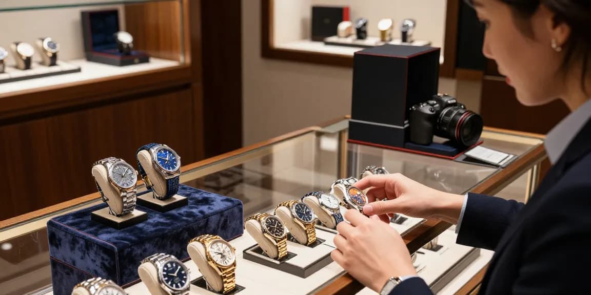 Elegant display of clone watches in a luxury boutique setting with a customer examining a timepiece.