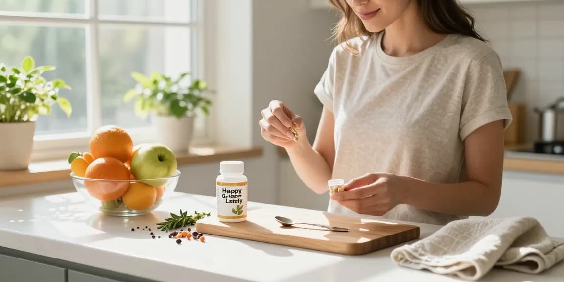 Happy Go Leafy kratom capsules displayed in a bright kitchen with fresh ingredients, promoting wellness.