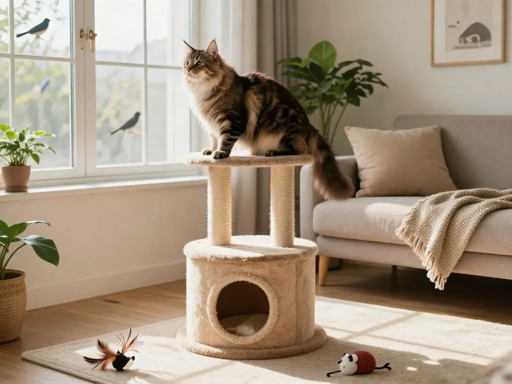 Cat tree in a modern living room with a playful Maine Coon cat exploring its levels and scratching posts.