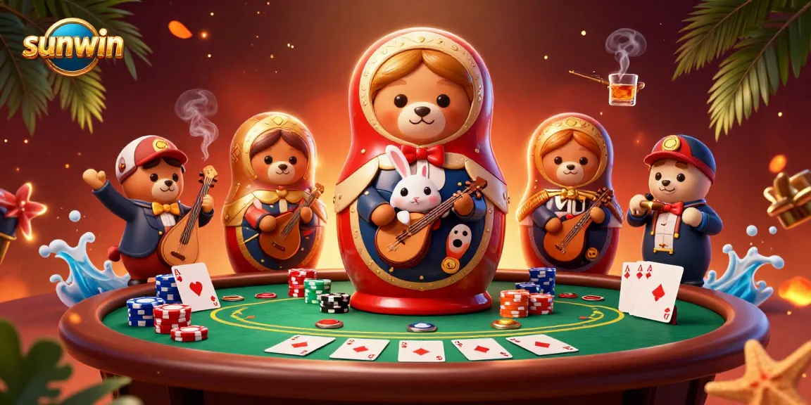 Experience sunwin's casino excitement with vibrant 3D bears and poker elements in a captivating scene.