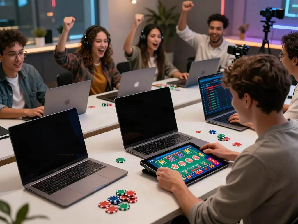Players engaging with DEBET's online gaming platform on multiple devices, showcasing a vibrant, interactive experience.