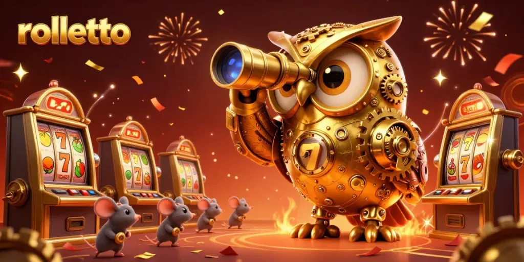 Experience excitement at rolletto casino with vibrant 3D golden owl, lively slot games, and festive elements.