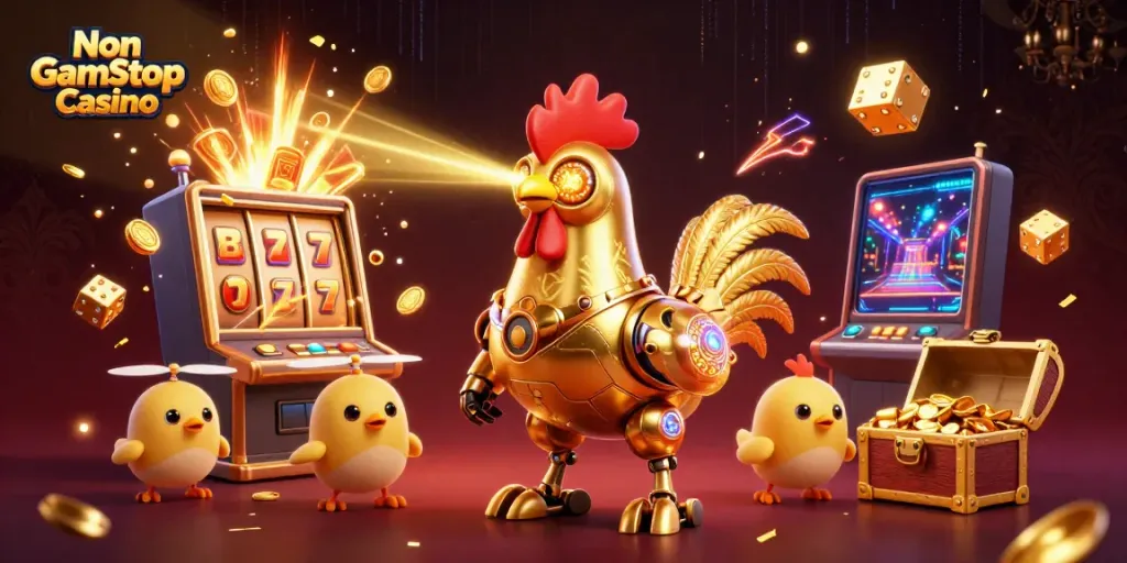 Engage with Non Gamstop Casino offerings featuring a playful golden rooster robot and vibrant gaming elements.