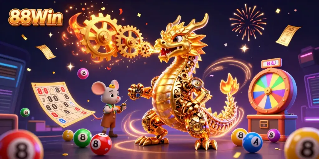 Experience the excitement of winning at 88Win in this vibrant 3D illustration full of dynamic gaming elements.
