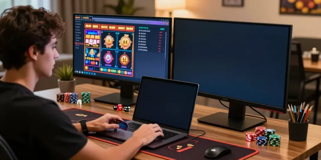 Excited player at credit card online casinos, engaging with vibrant games on multiple screens in a stylish home office.