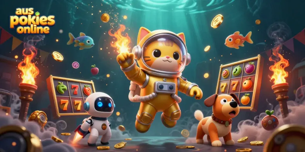 Experience fun with aus pokies online, featuring a cartoon astronaut cat and robot dog in a vibrant casino setting.