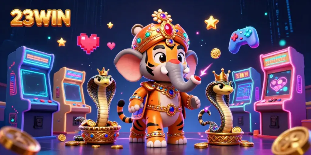 Engage with the vibrant casino world of 23WIN featuring a maharaja tiger, elephant, and gaming elements.