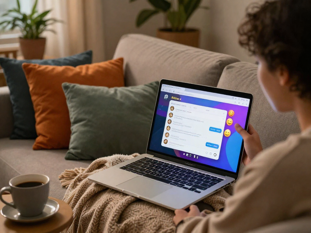 Engaging ai porn chat on a cozy sofa with vibrant chat interface.