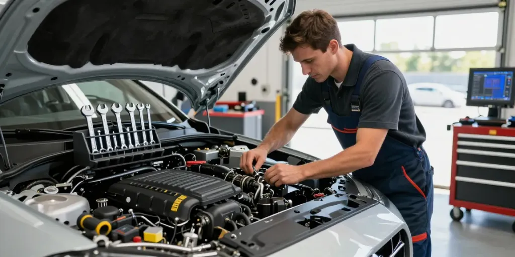 Mechanic using USAG 285X combination wrenches in an automotive workshop.