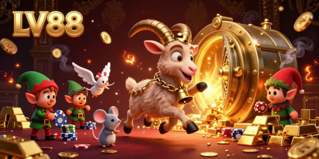 Experience the thrilling world of LV88 with busy characters in a vivid casino scene filled with jewels and gold.