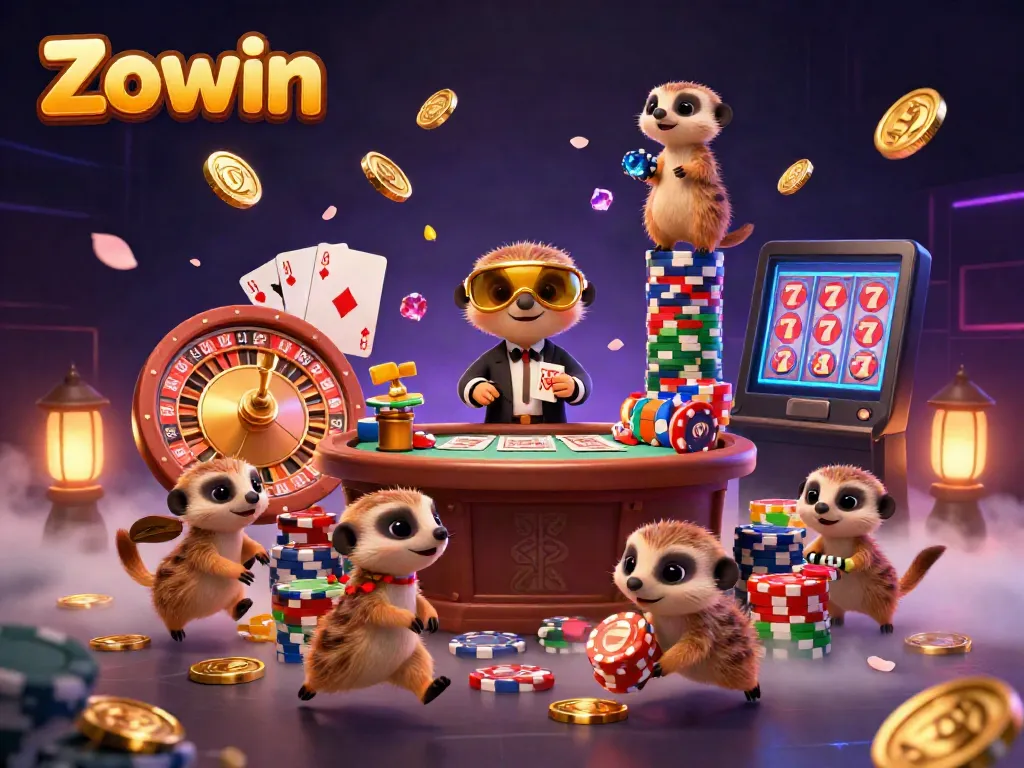 Zowin meerkat casino with pit boss and dealers, showcasing vibrant slots and poker elements.