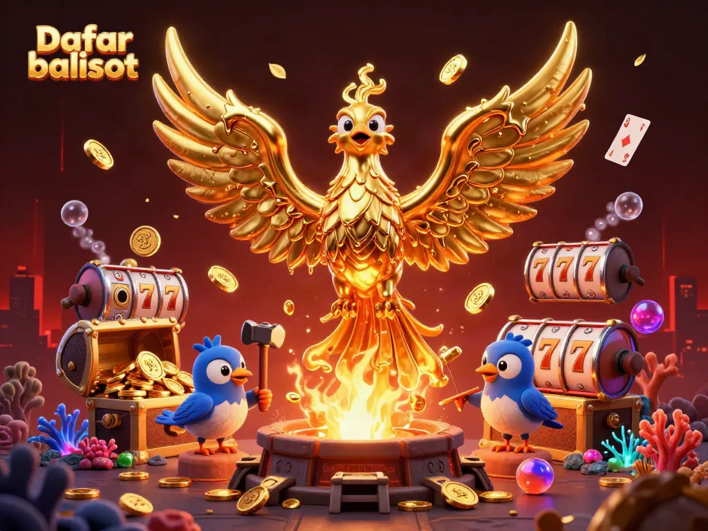 Immerse in thrilling gaming with the vibrant scene featuring Daftar balisot, showcasing lucky 7s and golden coins spilling from a phoenix.