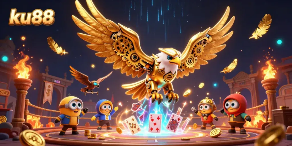ku88 features a captivating scene of a cybernetic eagle and drone falcons amidst holographic cards and gold.