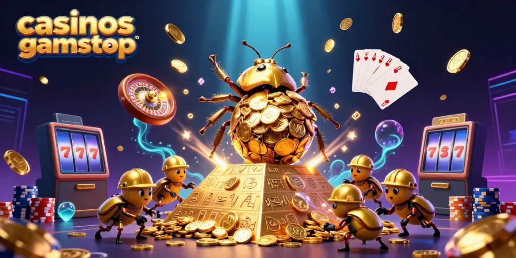 Dynamic scene of casinos not on gamstop displaying a golden beetle rolling coins amidst casino elements.