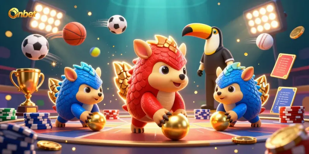 Experience the thrill of Onbet with dynamic pangolin characters in a vibrant casino showdown.