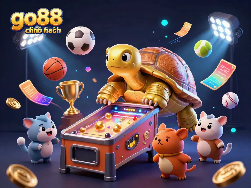 Experience thrilling gameplay with go88 chính hãng, featuring a colossal tortoise pinball machine in a vibrant casino setting.