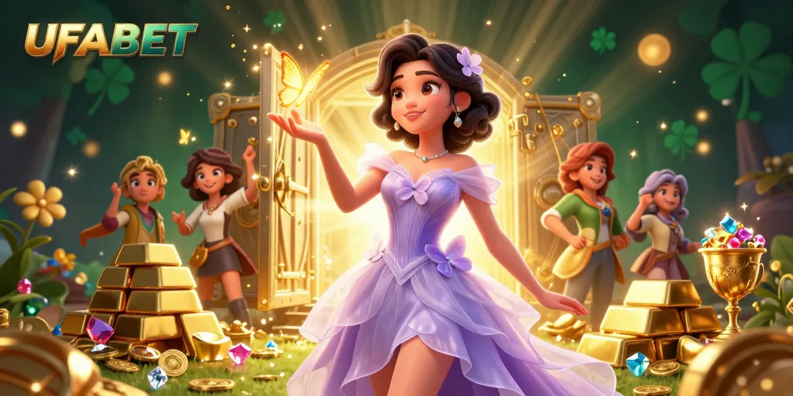 Experience the thrill of casino gaming with UFABET's vibrant and dynamic illustration featuring a stunning Asian woman, golden treasures, and magical elements.