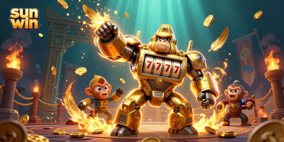 Engage with the sun win gaming experience illustrated as a dynamic golden gorilla mech in a vibrant casino scene.