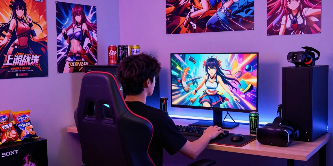Player enjoying a hentai game in a vibrant gaming setup with colorful decor and snacks.