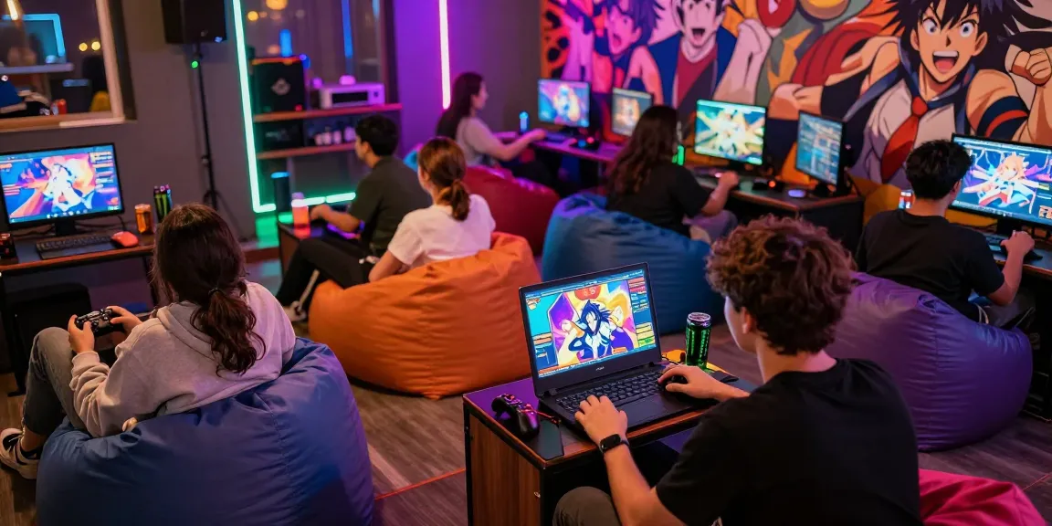 Friends enjoying ecchi games in a vibrant gaming lounge, showcasing gaming devices and colorful character designs.