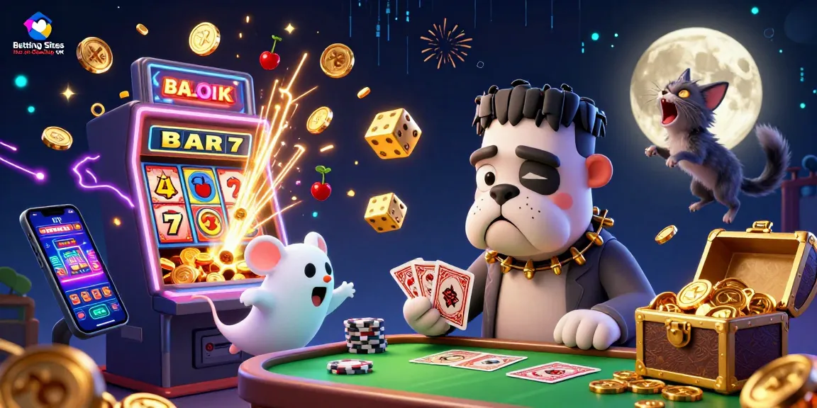 Engage with Betting Sites Not on GamStop UK through a dynamic casino scene featuring lively characters and exciting game elements.