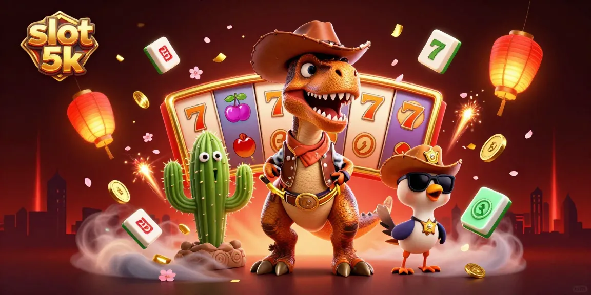 Spin to win at slot 5k: dynamic T-Rex and friends in a vibrant casino scene