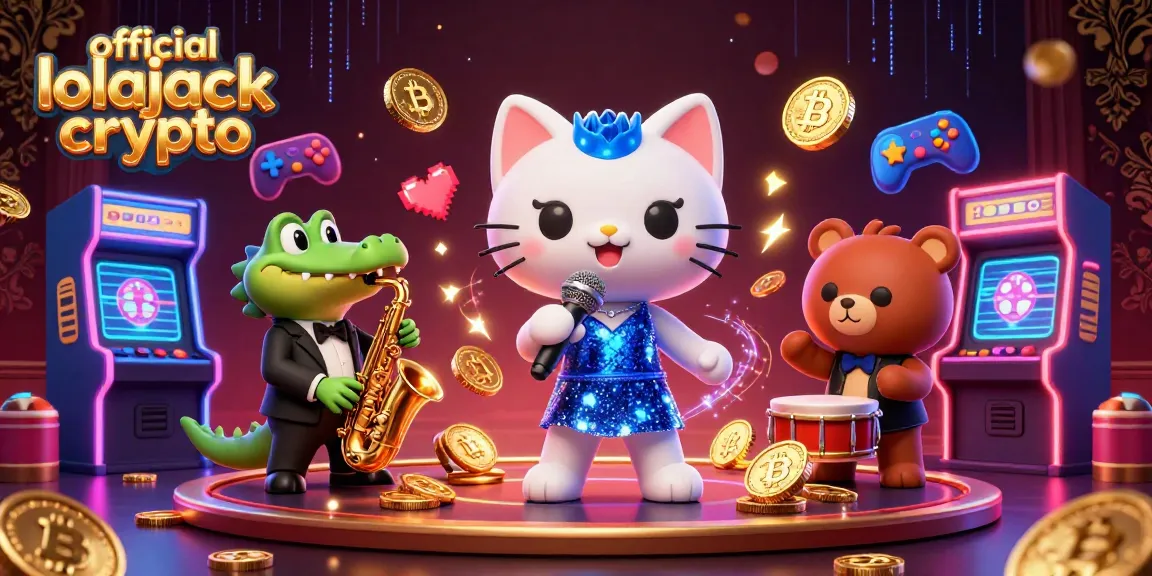 Win big with official lolajack crypto as a jazzy cat sings on stage surrounded by vibrant slots and crypto elements.