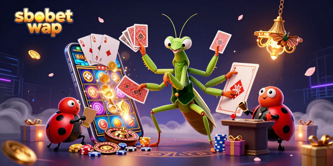 Experience sbobet wap mobile gaming with a fun praying mantis dealer in a vibrant casino scene.