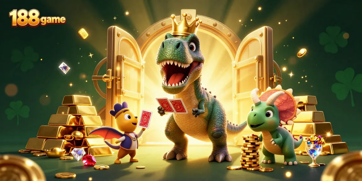 Engage in the thrilling 188m-game where a T-Rex and friends shuffle cards amidst treasure.