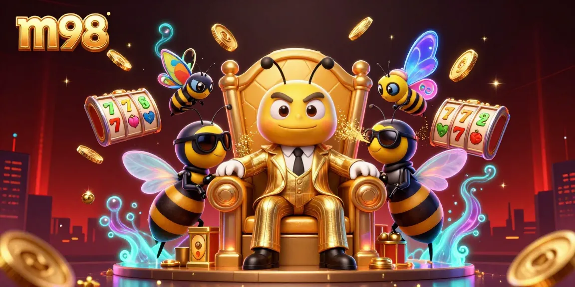 Play and win with m98 at an engaging casino scene featuring vibrant slot reels and character interactions.