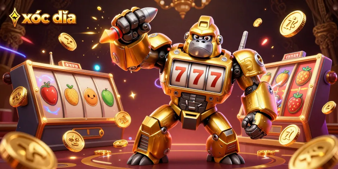 Experience the excitement of xóc đĩa with this dynamic 3D casino illustration featuring a golden gorilla mech.