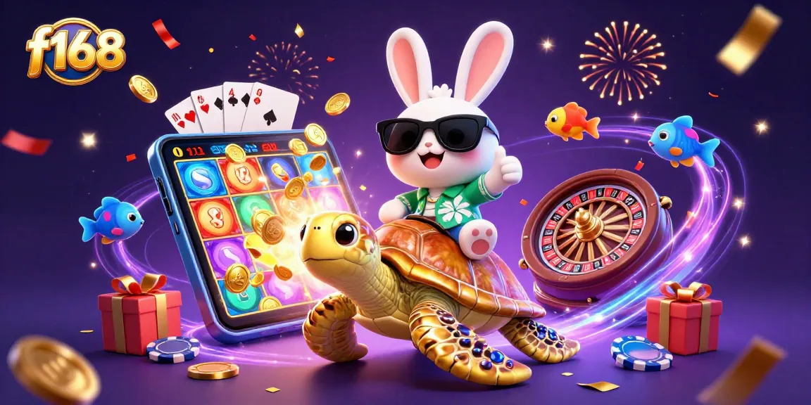 Experience thrilling gaming options at f168 with the lucky rabbit and golden turtle in this vibrant 3D scene.