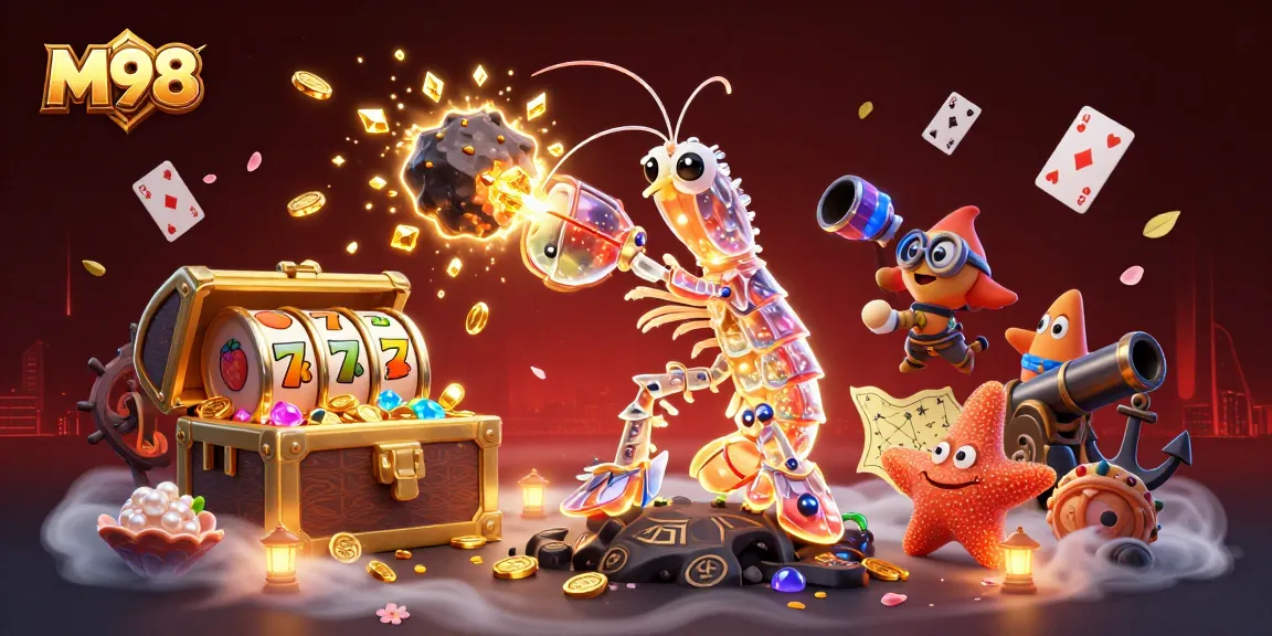 M98 showcases a galactic mantis shrimp in battle with slot elements and treasures.